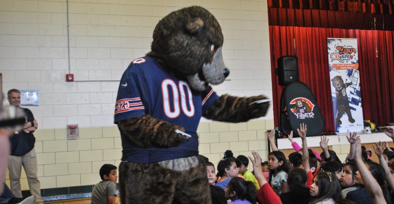 Staley da Bear visits with students
