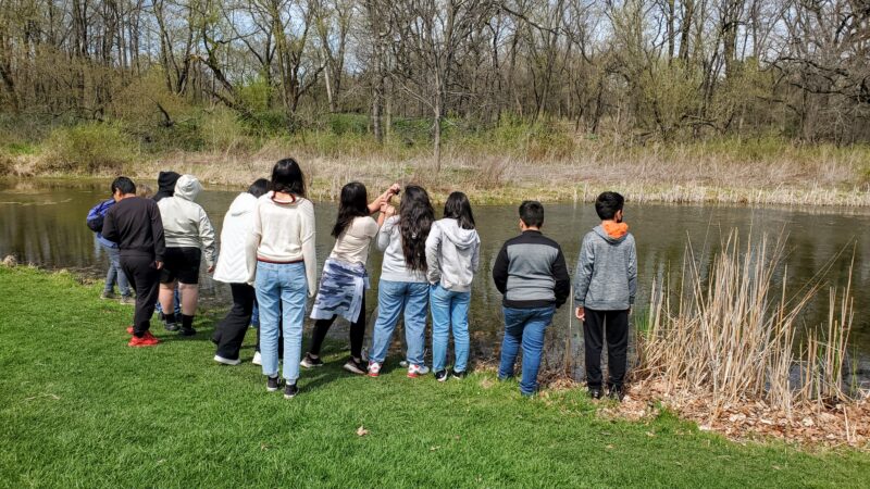 Students observe a small pond near the Creek Bend Nature Center.